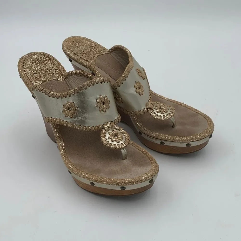 Jack Rogers Marbella Gold Leather Wedge Sandals Women’s 8 Metallic Thong Heels